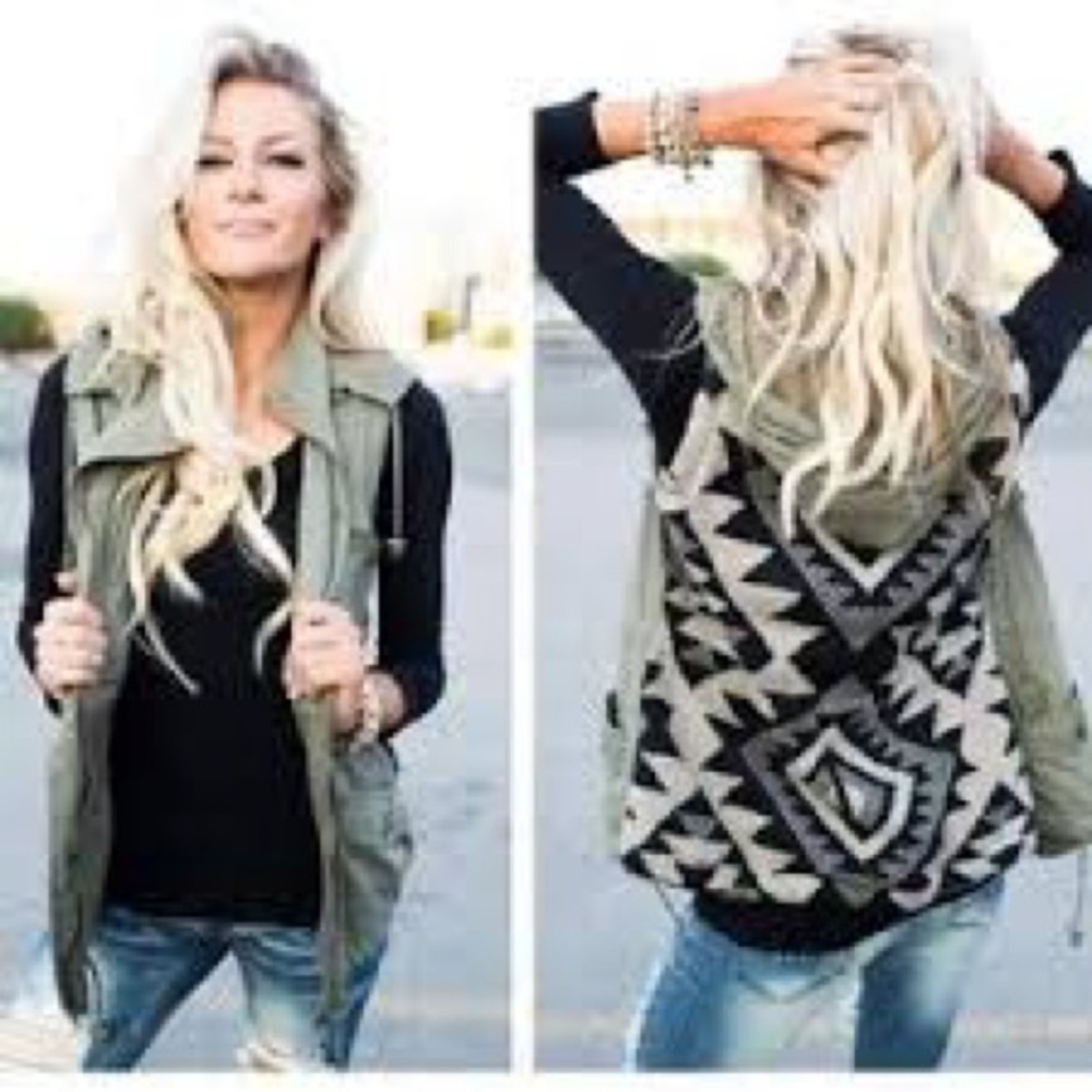 Fashionomics Khaki Sleeveless Vest with Removable Hood Sweater Design Back